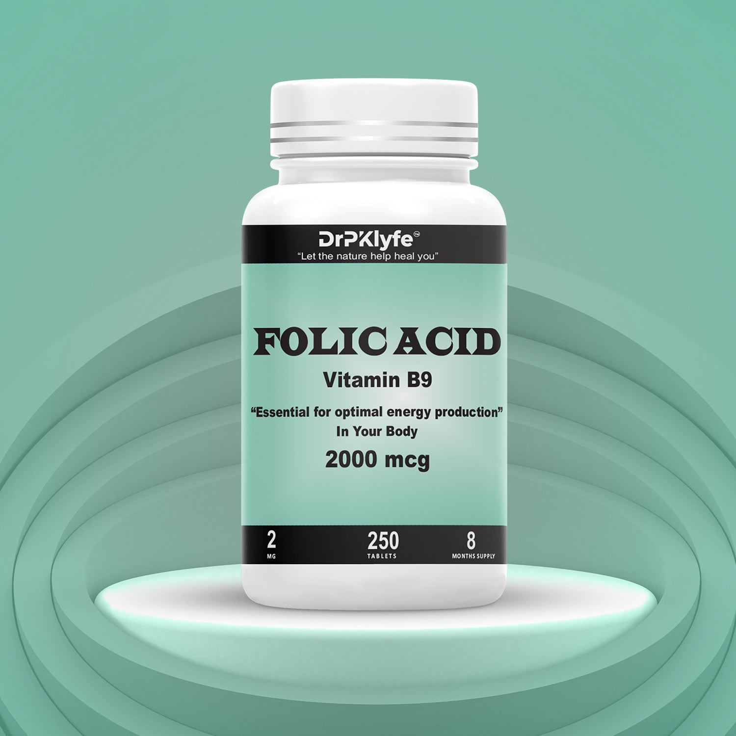 Folic Acid Tablets for Energy, Pregnancy & Nutritional Support – 2000 mcg Folate, Vitamin B9, Prenatal Formula – 250 Tablets (8-Month Supply)