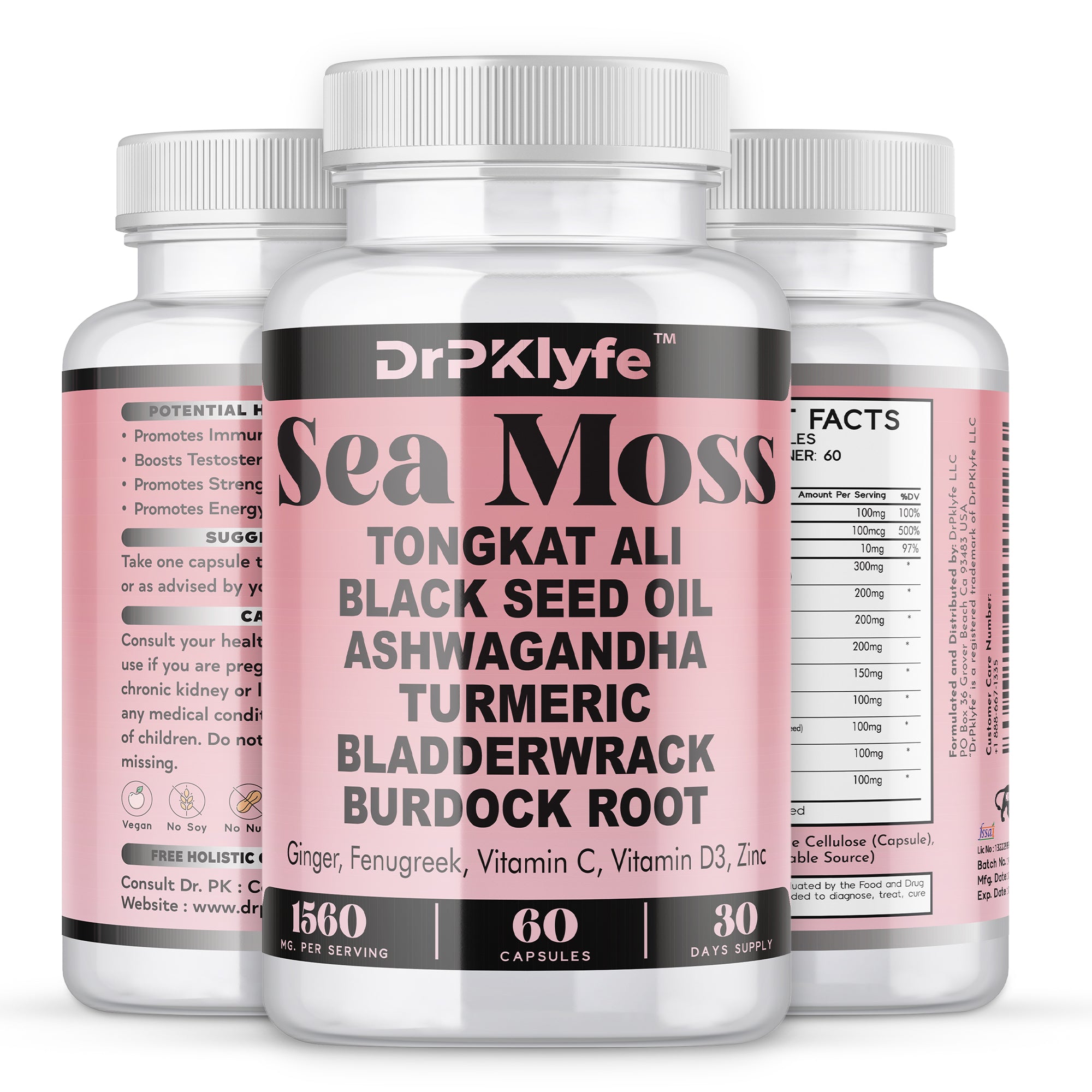 DrPKlyfe Sea Moss Capsules – 1560mg Supplement with Tongkat Ali, Ashwagandha, Black Seed Oil, Turmeric, Bladderwrack, Burdock Root – Vegan, Non-GMO, 120 Capsules, 60 Day Supply.