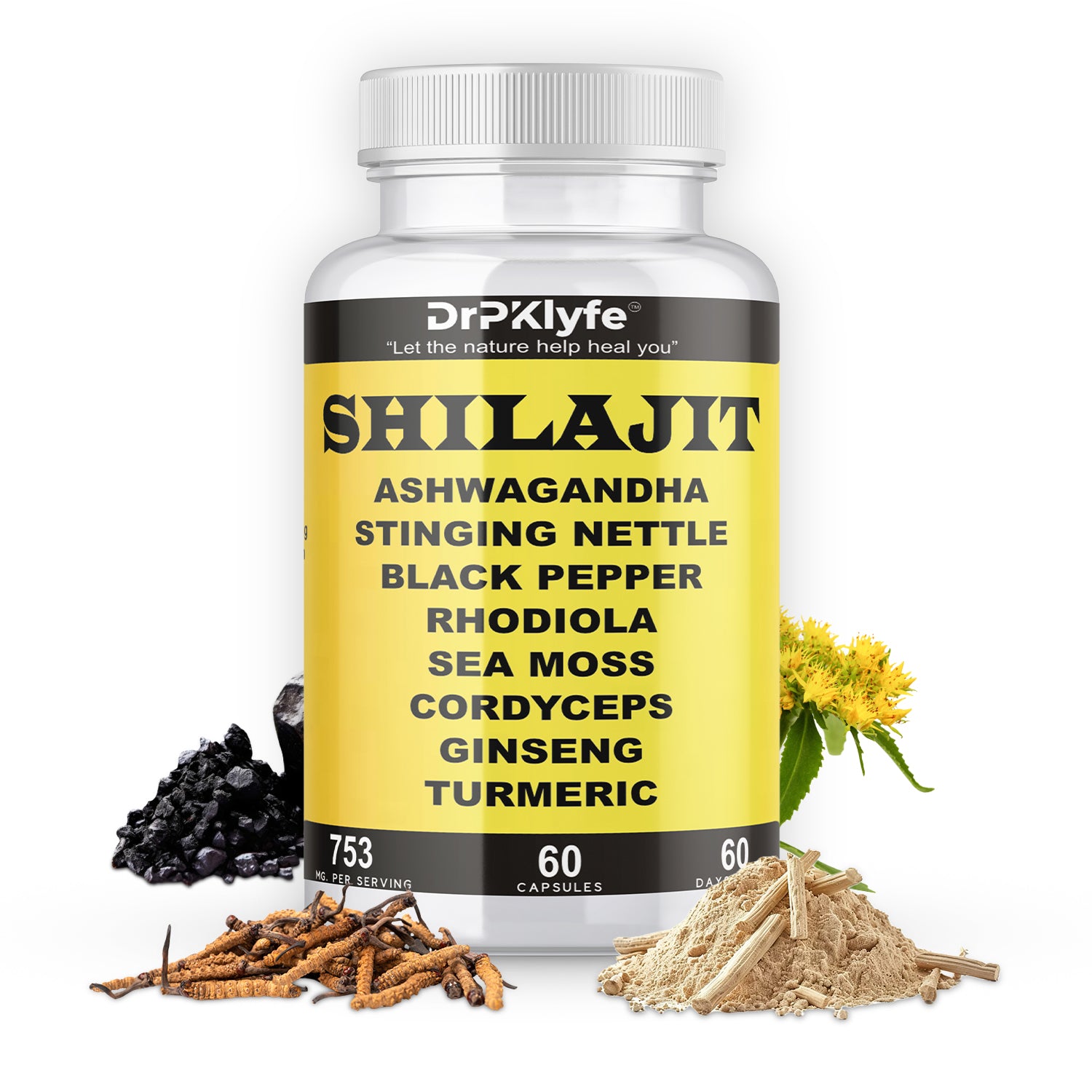 Shilajit Capsules with Ashwagandha, Rhodiola, Sea Moss, and Turmeric - 753mg, 60 Caps - Stress Relief, Stamina Building, Adrenal Adaptogens, Men's Health & Joint Support