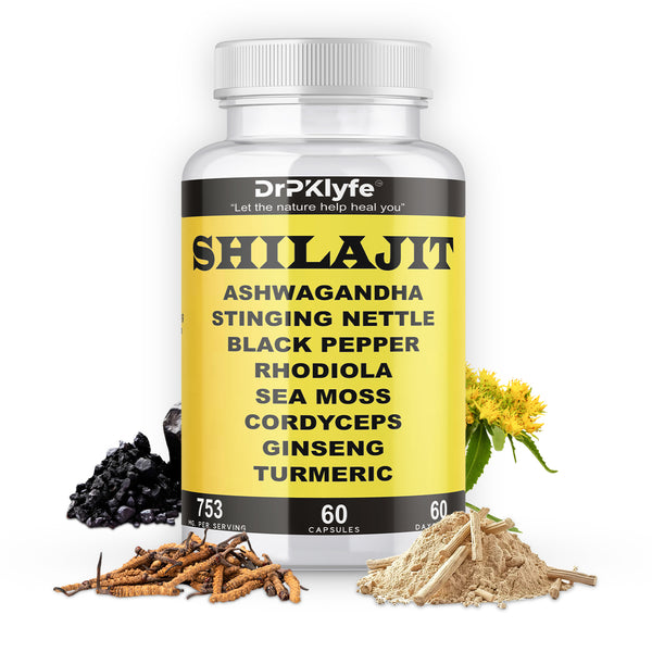 Shilajit Capsules with Ashwagandha, Rhodiola, Sea Moss, and Turmeric - 753mg, 60 Caps - Stress Relief, Stamina Building, Adrenal Adaptogens, Men's Health & Joint Support