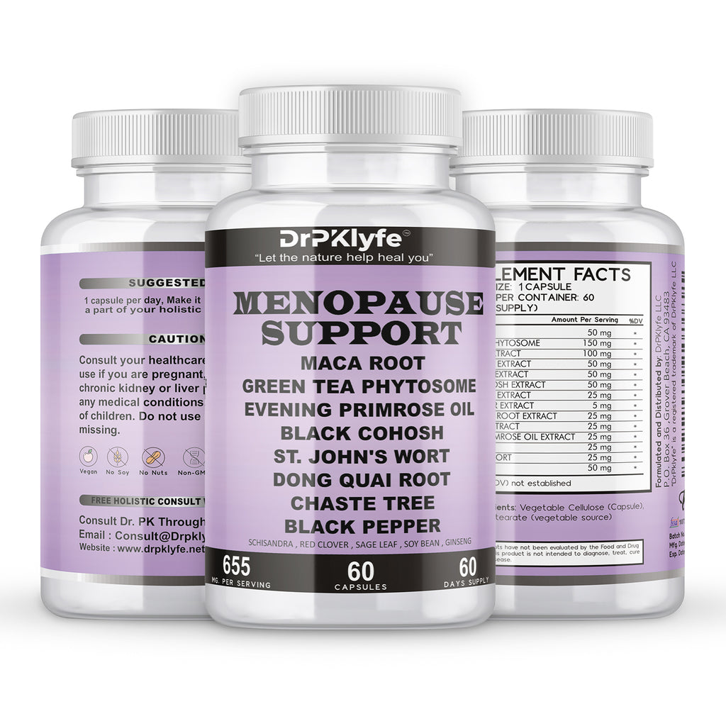 DrPklyfe's Menopause Supplement Capsules 655mg with Maca, Green Tea, Evening Primrose, Black Cohosh, Dong Quai, Chasteberry, Red Clover, Sage, St. John's Wort & Ginseng, Fresh Sage Leaves.