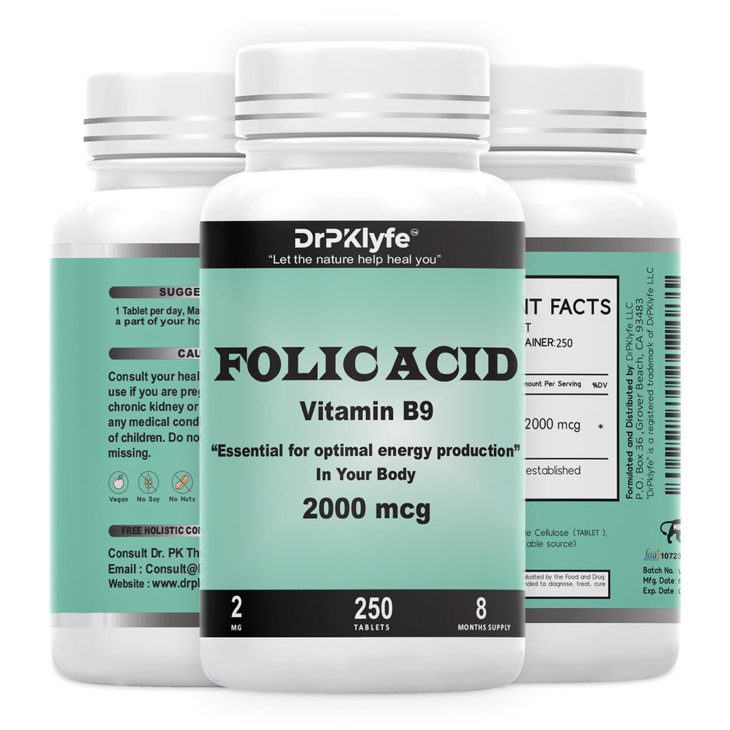 Folic Acid Tablets for Energy, Pregnancy & Nutritional Support – 2000 mcg Folate, Vitamin B9, Prenatal Formula – 250 Tablets (8-Month Supply)