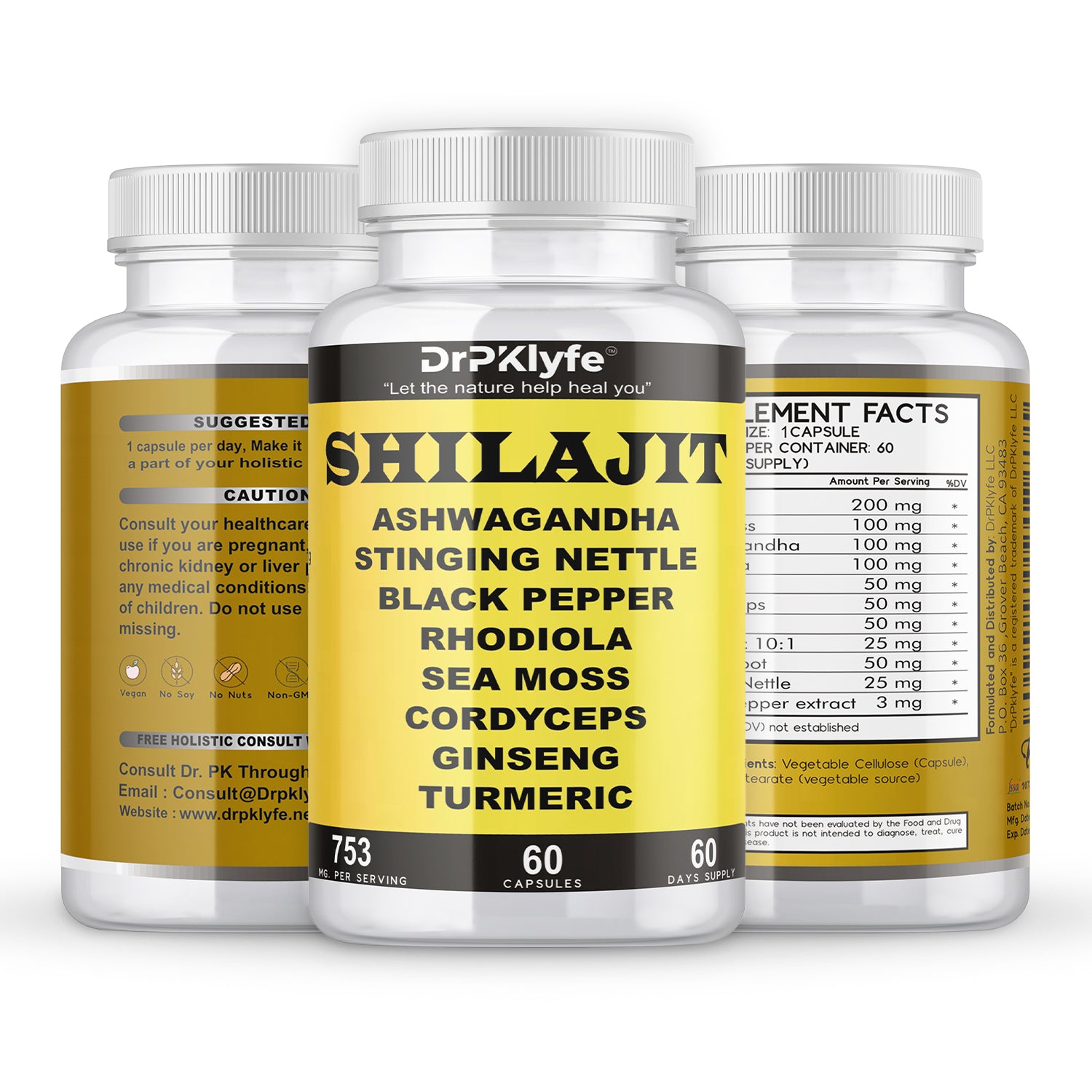 Shilajit Capsules with Ashwagandha, Rhodiola, Sea Moss, and Turmeric - 753mg, 60 Caps - Stress Relief, Stamina Building, Adrenal Adaptogens, Men's Health & Joint Support