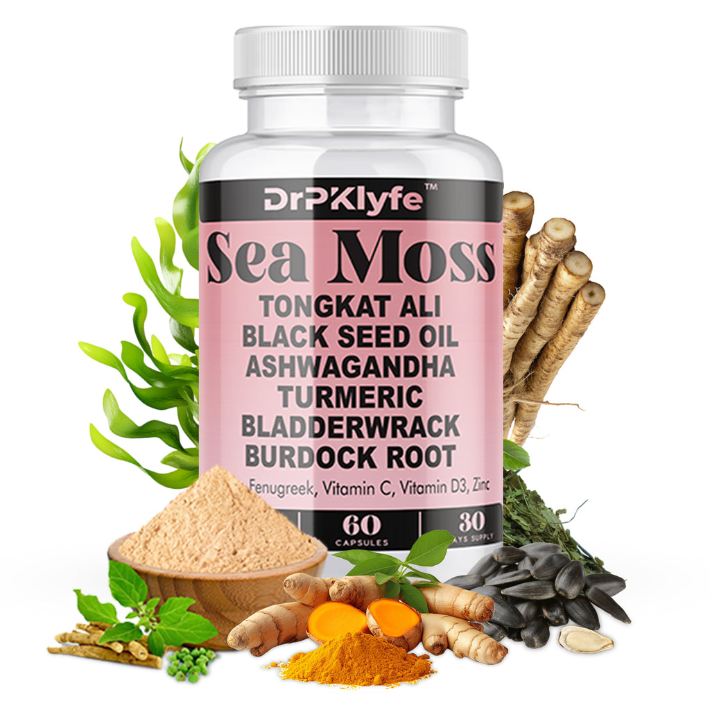 DrPKlyfe Sea Moss Capsules – 1560mg Supplement with Tongkat Ali, Ashwagandha, Black Seed Oil, Turmeric, Bladderwrack, Burdock Root – Vegan, Non-GMO, 120 Capsules, 60 Day Supply.