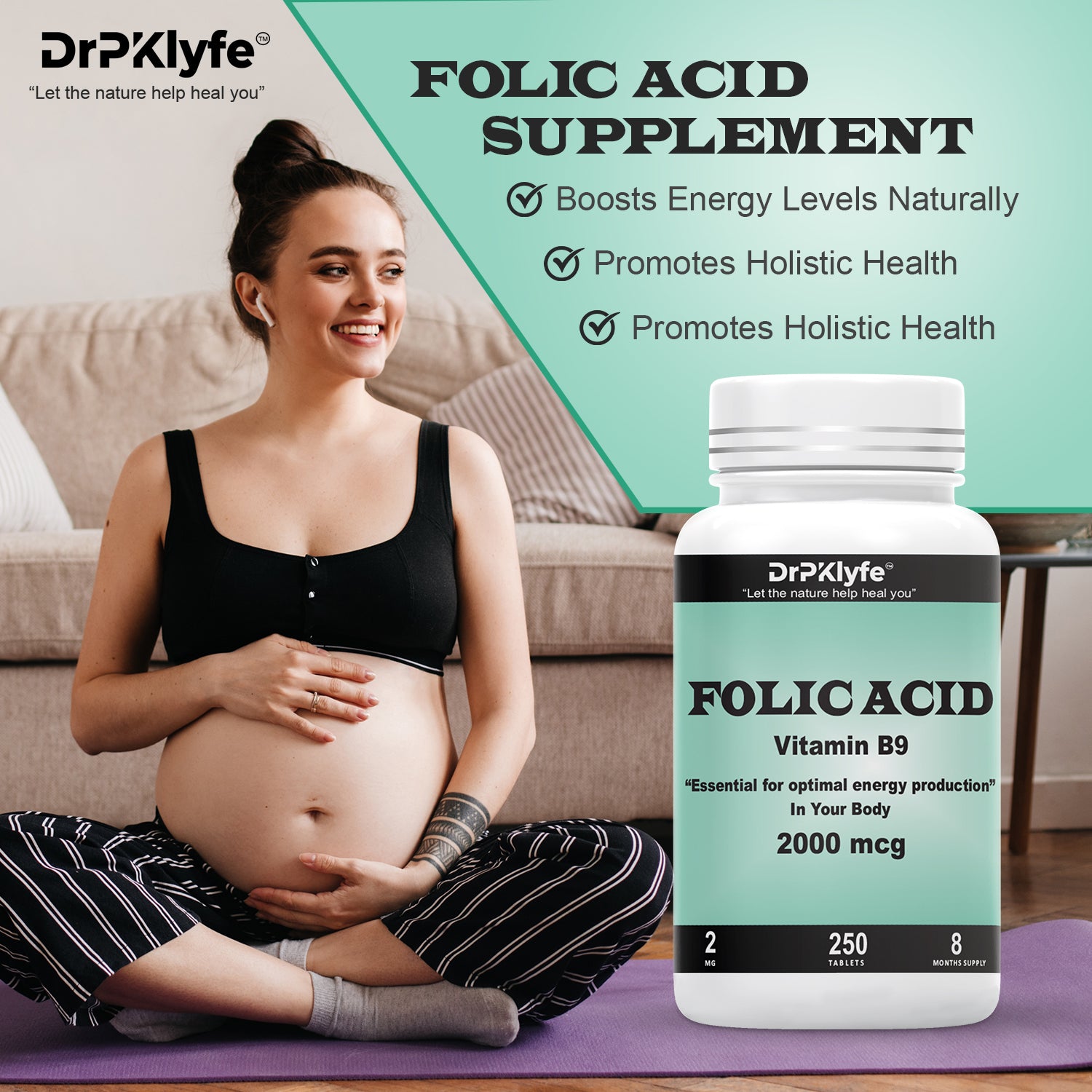 Folic Acid Tablets for Energy, Pregnancy & Nutritional Support – 2000 mcg Folate, Vitamin B9, Prenatal Formula – 250 Tablets (8-Month Supply)