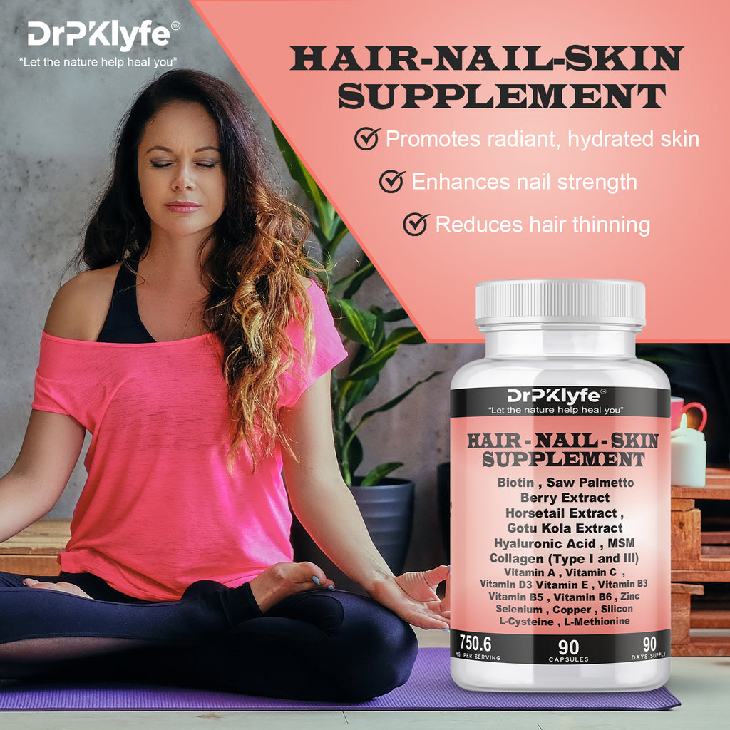 Hair, Nail and Skin Supplement Capsules:Biotin, Collagen, Collagen Peptides, Acid Hyaluronic, Biotin, Vitamin A, C, B5, B6 Saw Palmetto & More - 90 Capsules.