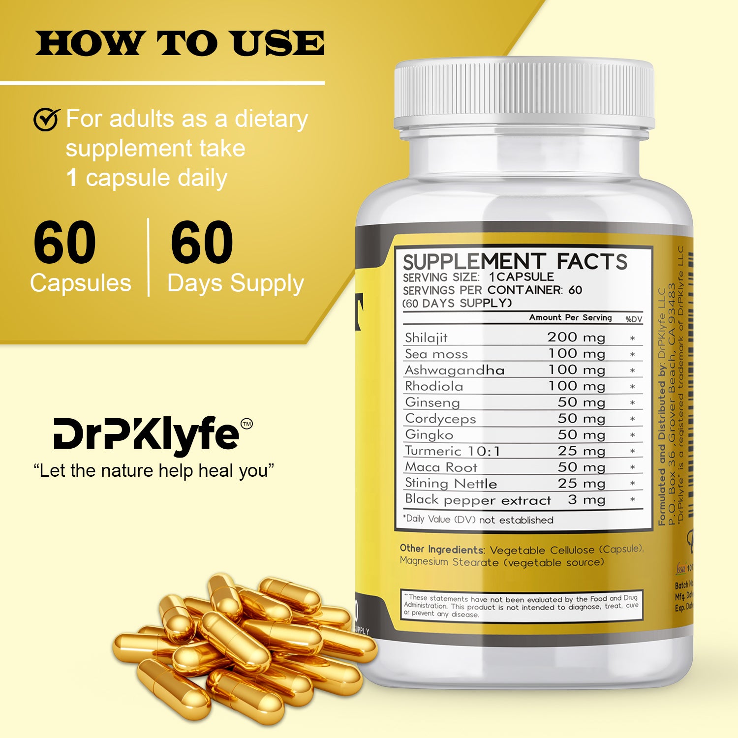 Shilajit Capsules with Ashwagandha, Rhodiola, Sea Moss, and Turmeric - 753mg, 60 Caps - Stress Relief, Stamina Building, Adrenal Adaptogens, Men's Health & Joint Support