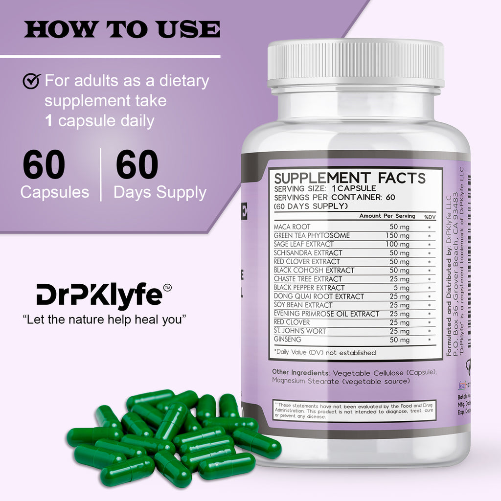 DrPklyfe's Menopause Supplement Capsules 655mg with Maca, Green Tea, Evening Primrose, Black Cohosh, Dong Quai, Chasteberry, Red Clover, Sage, St. John's Wort & Ginseng, Fresh Sage Leaves.
