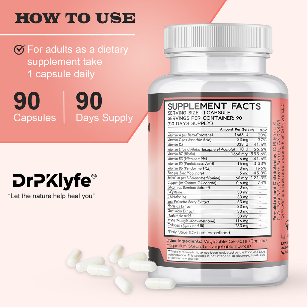 Hair, Nail and Skin Supplement Capsules:Biotin, Collagen, Collagen Peptides, Acid Hyaluronic, Biotin, Vitamin A, C, B5, B6 Saw Palmetto & More - 90 Capsules.