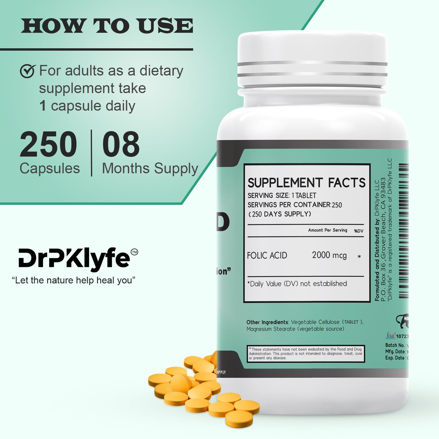 Folic Acid Tablets for Energy, Pregnancy & Nutritional Support – 2000 mcg Folate, Vitamin B9, Prenatal Formula – 250 Tablets (8-Month Supply)