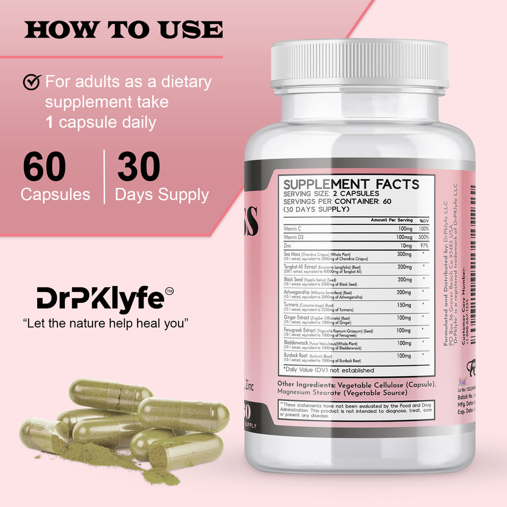 DrPKlyfe Sea Moss Capsules – 1560mg Supplement with Tongkat Ali, Ashwagandha, Black Seed Oil, Turmeric, Bladderwrack, Burdock Root – Vegan, Non-GMO, 120 Capsules, 60 Day Supply.