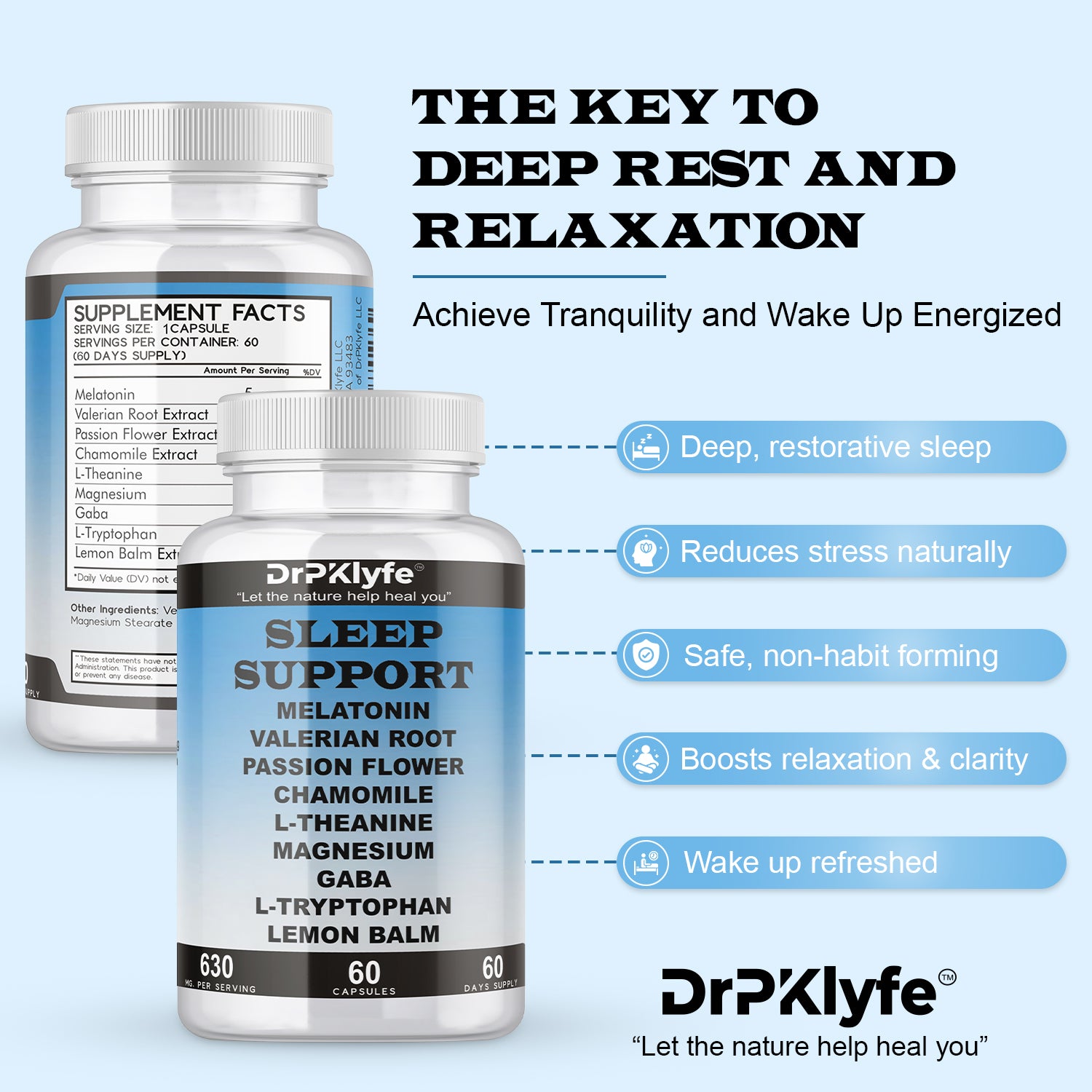 Sleep Aid: Melatonin Valerian Root Passion Flower Chamomile L-Theanine Magnesium GABA Capsules: 630mg, 60 Days Supply for Men & Women|Natural Sleep Aid Solution