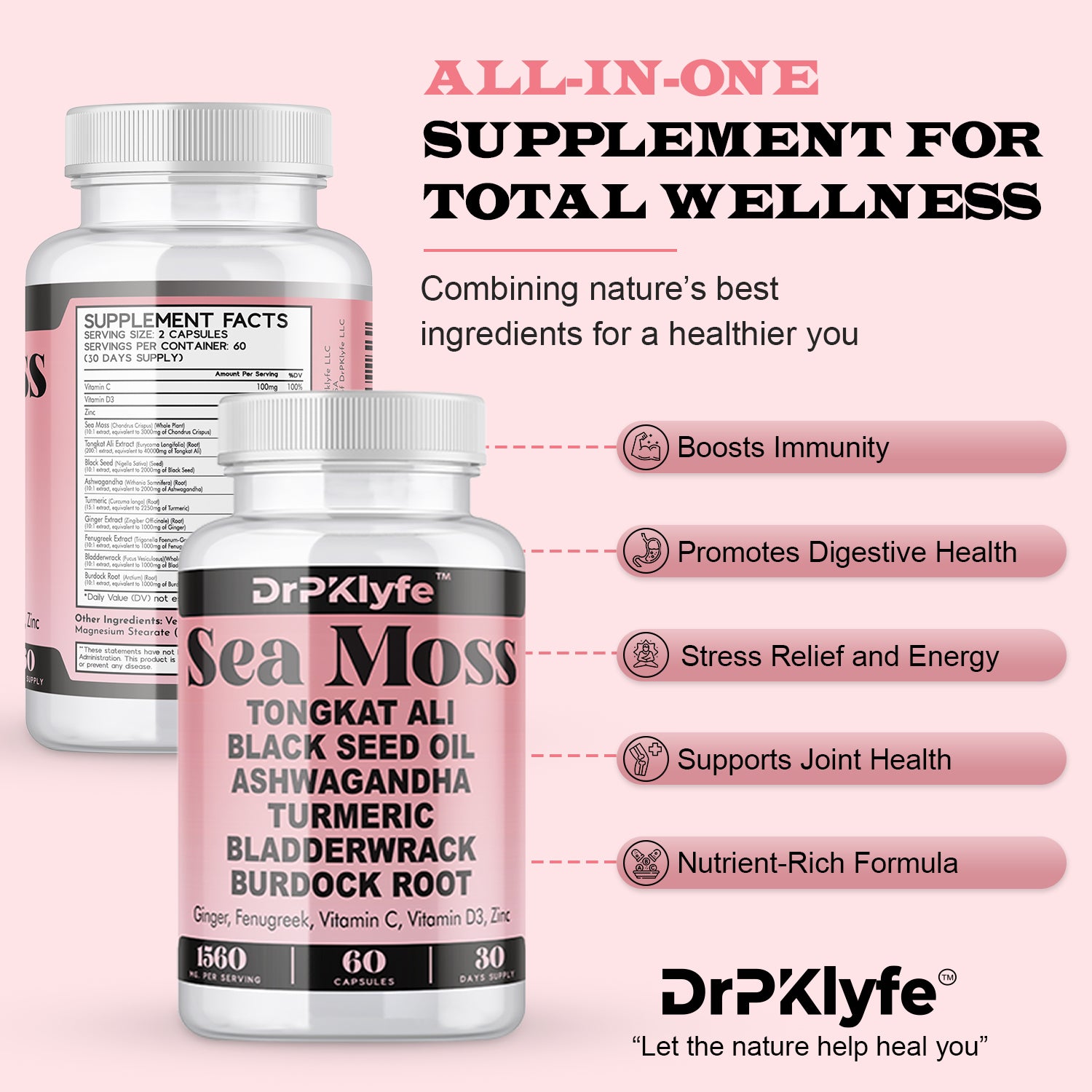DrPKlyfe Sea Moss Capsules – 1560mg Supplement with Tongkat Ali, Ashwagandha, Black Seed Oil, Turmeric, Bladderwrack, Burdock Root – Vegan, Non-GMO, 120 Capsules, 60 Day Supply.