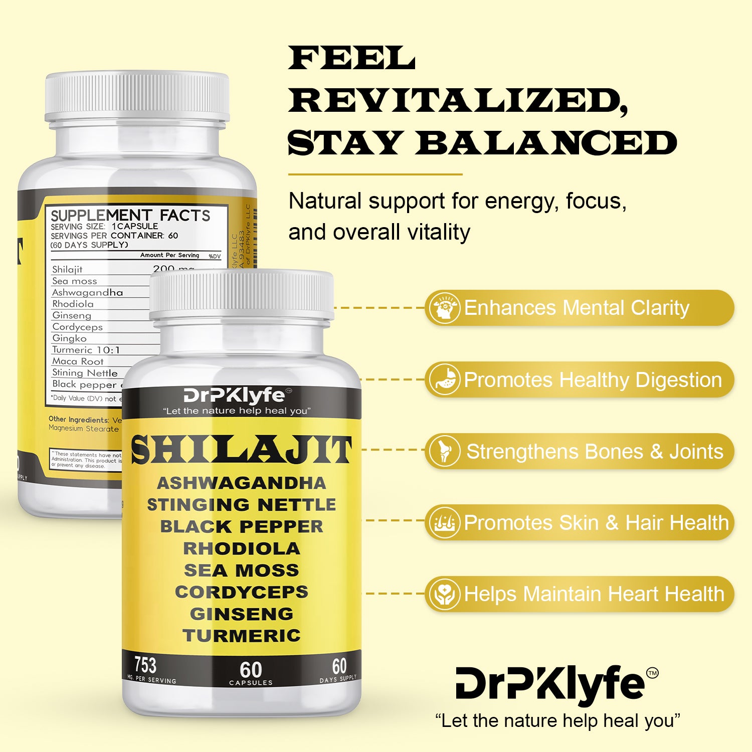 Shilajit Capsules with Ashwagandha, Rhodiola, Sea Moss, and Turmeric - 753mg, 60 Caps - Stress Relief, Stamina Building, Adrenal Adaptogens, Men's Health & Joint Support
