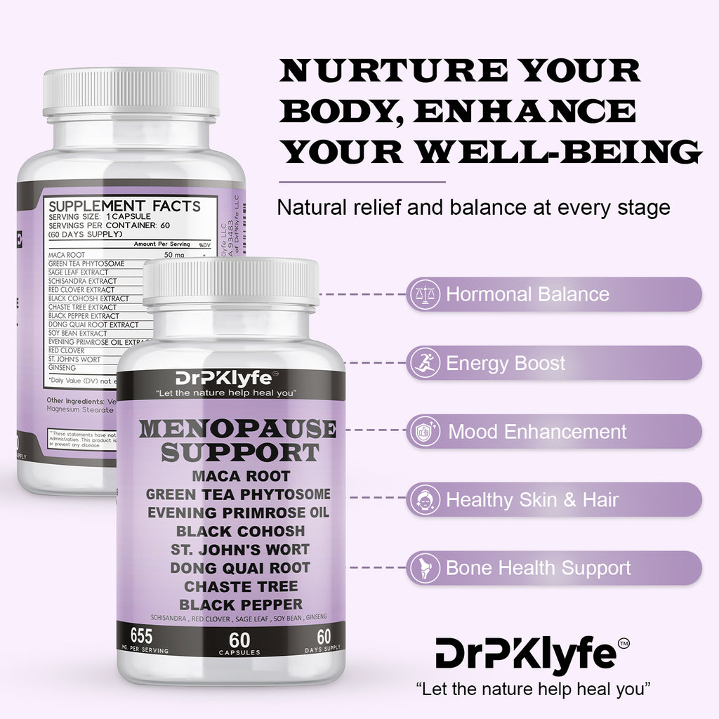 DrPklyfe's Menopause Supplement Capsules 655mg with Maca, Green Tea, Evening Primrose, Black Cohosh, Dong Quai, Chasteberry, Red Clover, Sage, St. John's Wort & Ginseng, Fresh Sage Leaves.