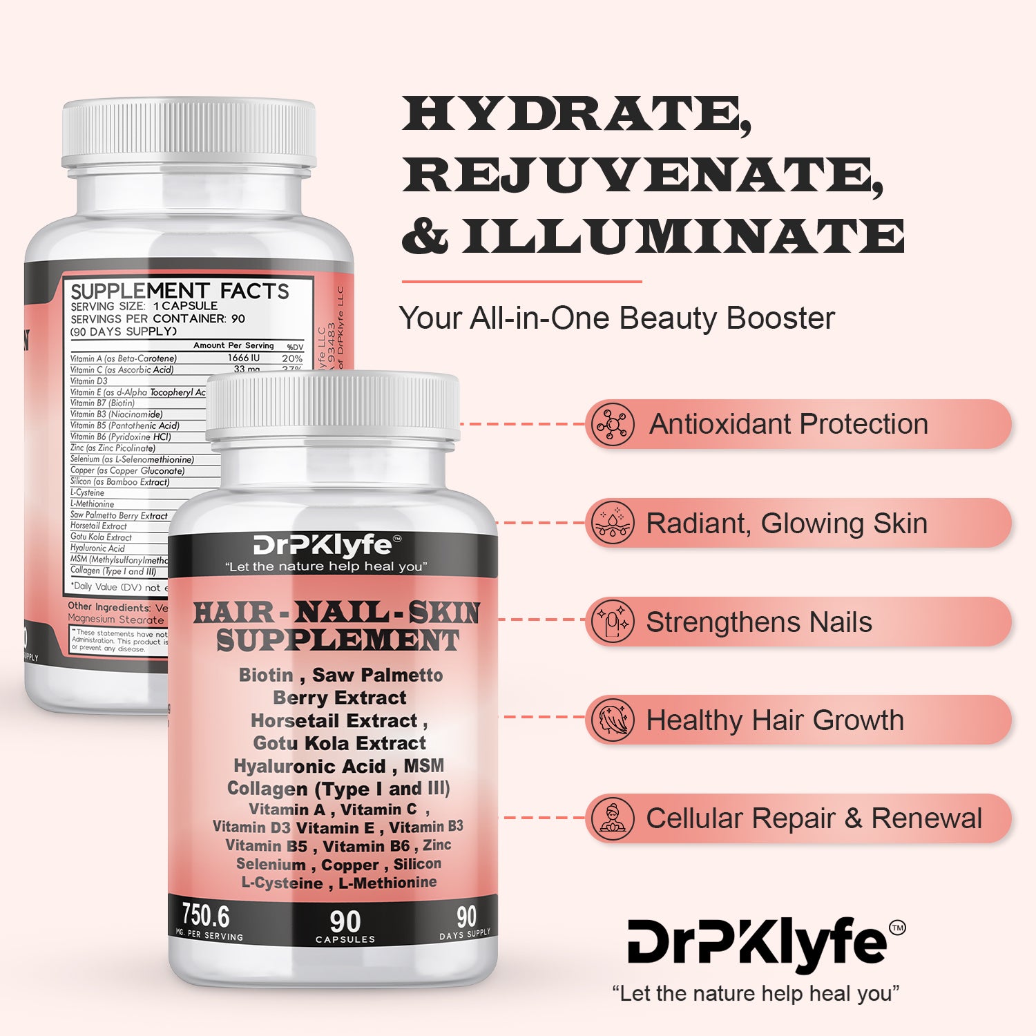 Hair, Nail and Skin Supplement Capsules:Biotin, Collagen, Collagen Peptides, Acid Hyaluronic, Biotin, Vitamin A, C, B5, B6 Saw Palmetto & More - 90 Capsules.