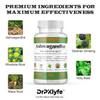 Ashwagandha Complex 5-1 Blend with Rhodiola Rosea Supplement, Maca Root, Holy Basil, Siberian Ginseng for Stress Relief, Focus, Sleep, Energy, Vitality - 180 Capsules, US Lab Certified.