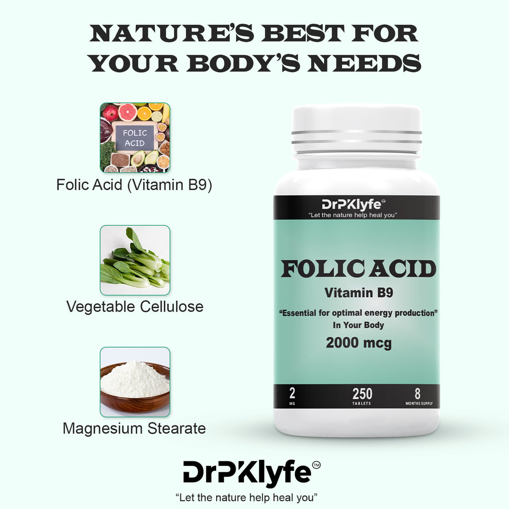 Folic Acid Tablets for Energy, Pregnancy & Nutritional Support – 2000 mcg Folate, Vitamin B9, Prenatal Formula – 250 Tablets (8-Month Supply)