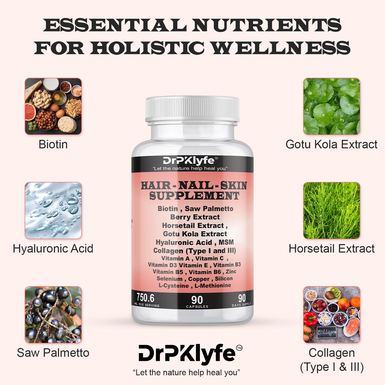 Hair, Nail and Skin Supplement Capsules:Biotin, Collagen, Collagen Peptides, Acid Hyaluronic, Biotin, Vitamin A, C, B5, B6 Saw Palmetto & More - 90 Capsules.