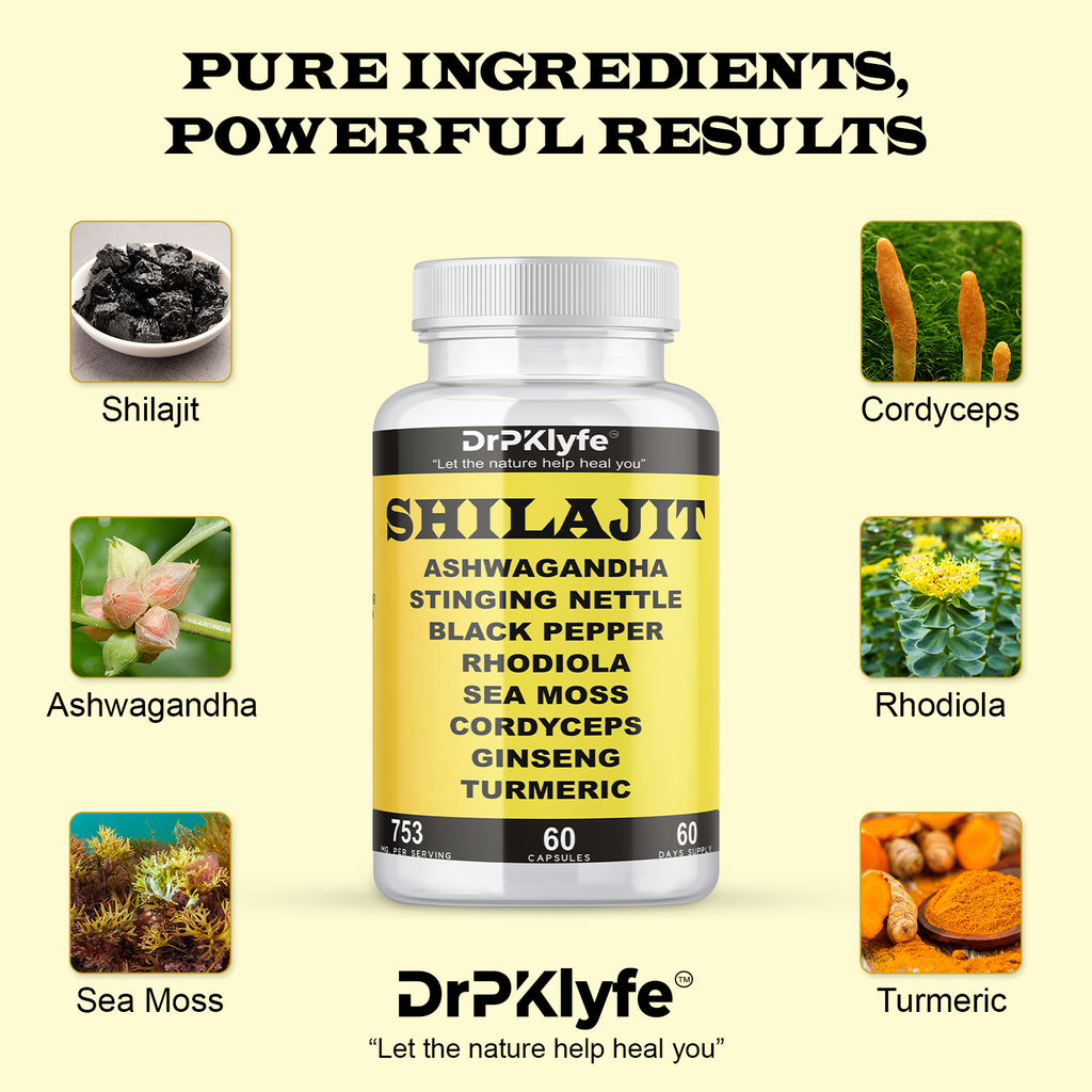 Shilajit Capsules with Ashwagandha, Rhodiola, Sea Moss, and Turmeric - 753mg, 60 Caps - Stress Relief, Stamina Building, Adrenal Adaptogens, Men's Health & Joint Support