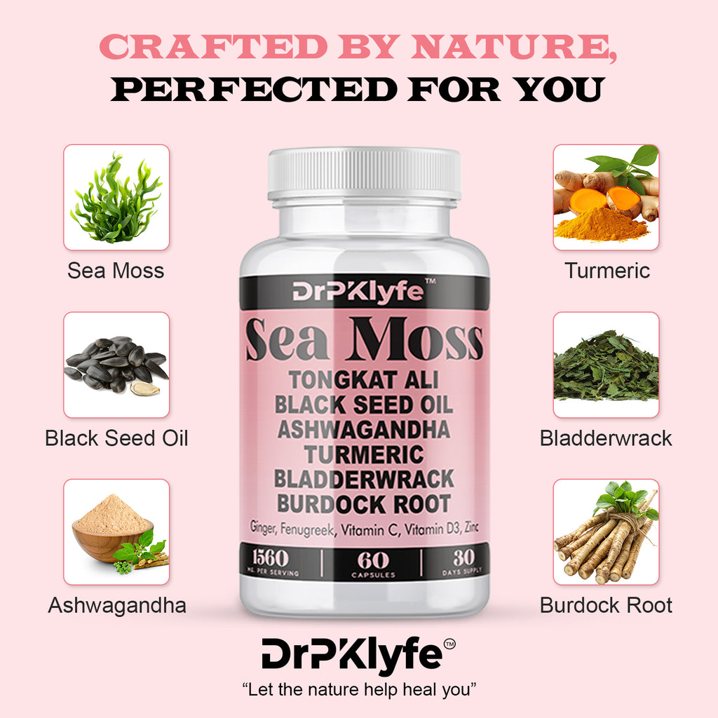 DrPKlyfe Sea Moss Capsules – 1560mg Supplement with Tongkat Ali, Ashwagandha, Black Seed Oil, Turmeric, Bladderwrack, Burdock Root – Vegan, Non-GMO, 120 Capsules, 60 Day Supply.