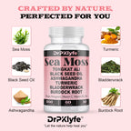 DrPKlyfe Sea Moss Capsules – 1560mg Supplement with Tongkat Ali, Ashwagandha, Black Seed Oil, Turmeric, Bladderwrack, Burdock Root – Vegan, Non-GMO, 120 Capsules, 60 Day Supply.