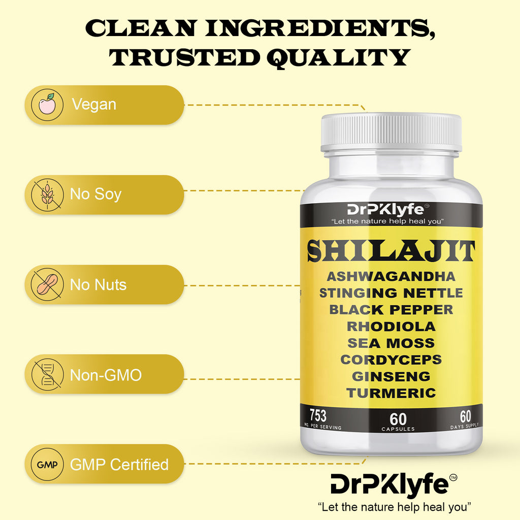 Shilajit Capsules with Ashwagandha, Rhodiola, Sea Moss, and Turmeric - 753mg, 60 Caps - Stress Relief, Stamina Building, Adrenal Adaptogens, Men's Health & Joint Support