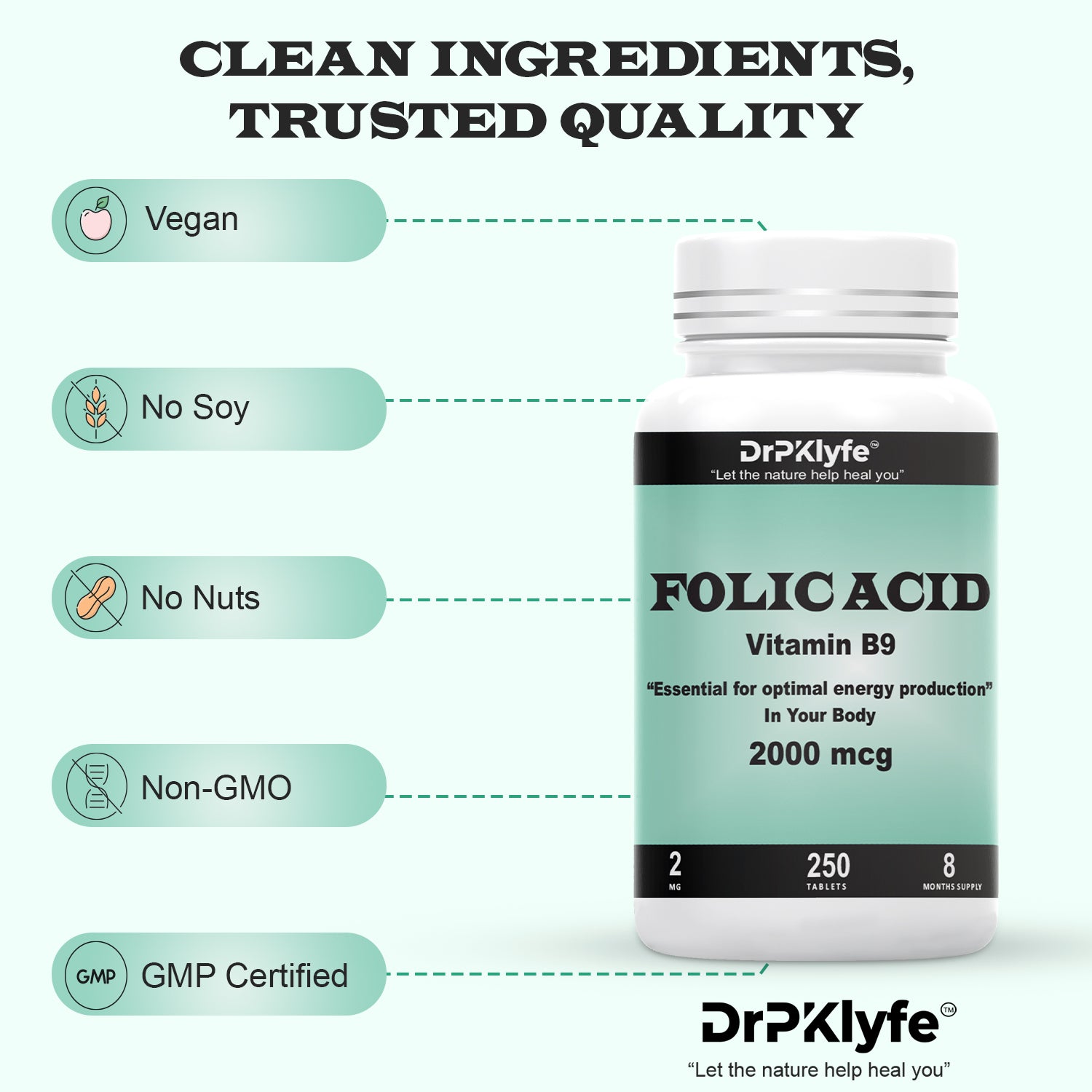 Folic Acid Tablets for Energy, Pregnancy & Nutritional Support – 2000 mcg Folate, Vitamin B9, Prenatal Formula – 250 Tablets (8-Month Supply)