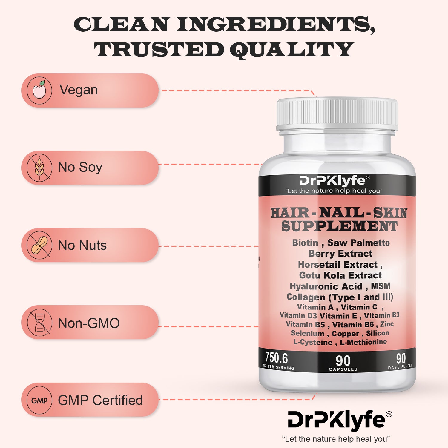 Hair, Nail and Skin Supplement Capsules:Biotin, Collagen, Collagen Peptides, Acid Hyaluronic, Biotin, Vitamin A, C, B5, B6 Saw Palmetto & More - 90 Capsules.