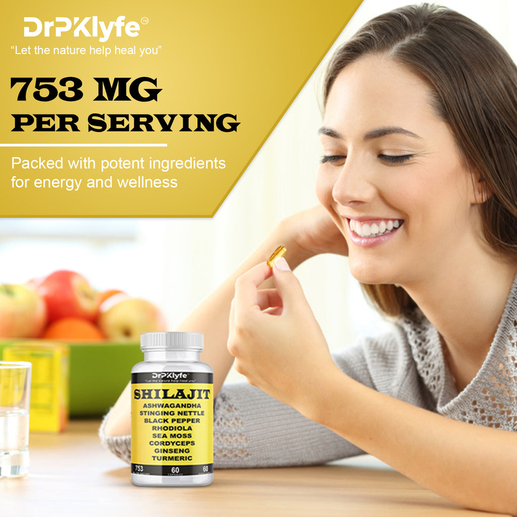 Shilajit Capsules with Ashwagandha, Rhodiola, Sea Moss, and Turmeric - 753mg, 60 Caps - Stress Relief, Stamina Building, Adrenal Adaptogens, Men's Health & Joint Support